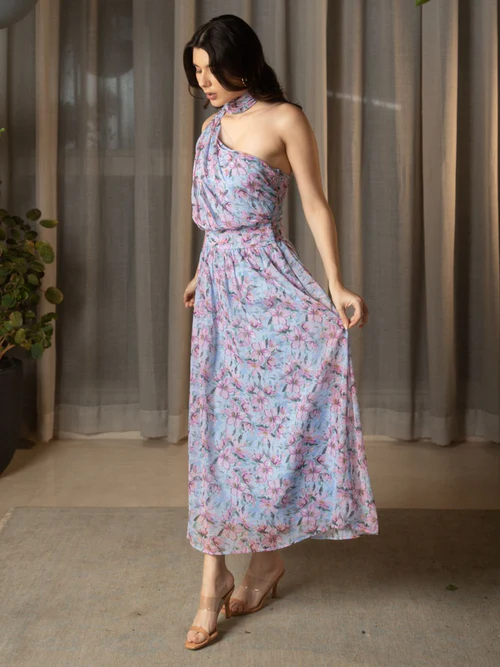Floral Blue One Shoulder Maxi Dress